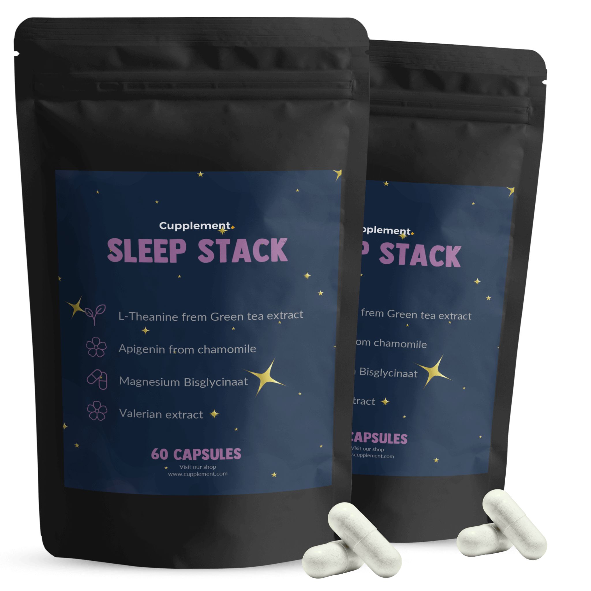 Twee zwarte zakjes 'Sleep Stack' met 60 capsules. Bevat L-Theanine, Apigenine, Magnesium, Valeriaan. Witte capsules.