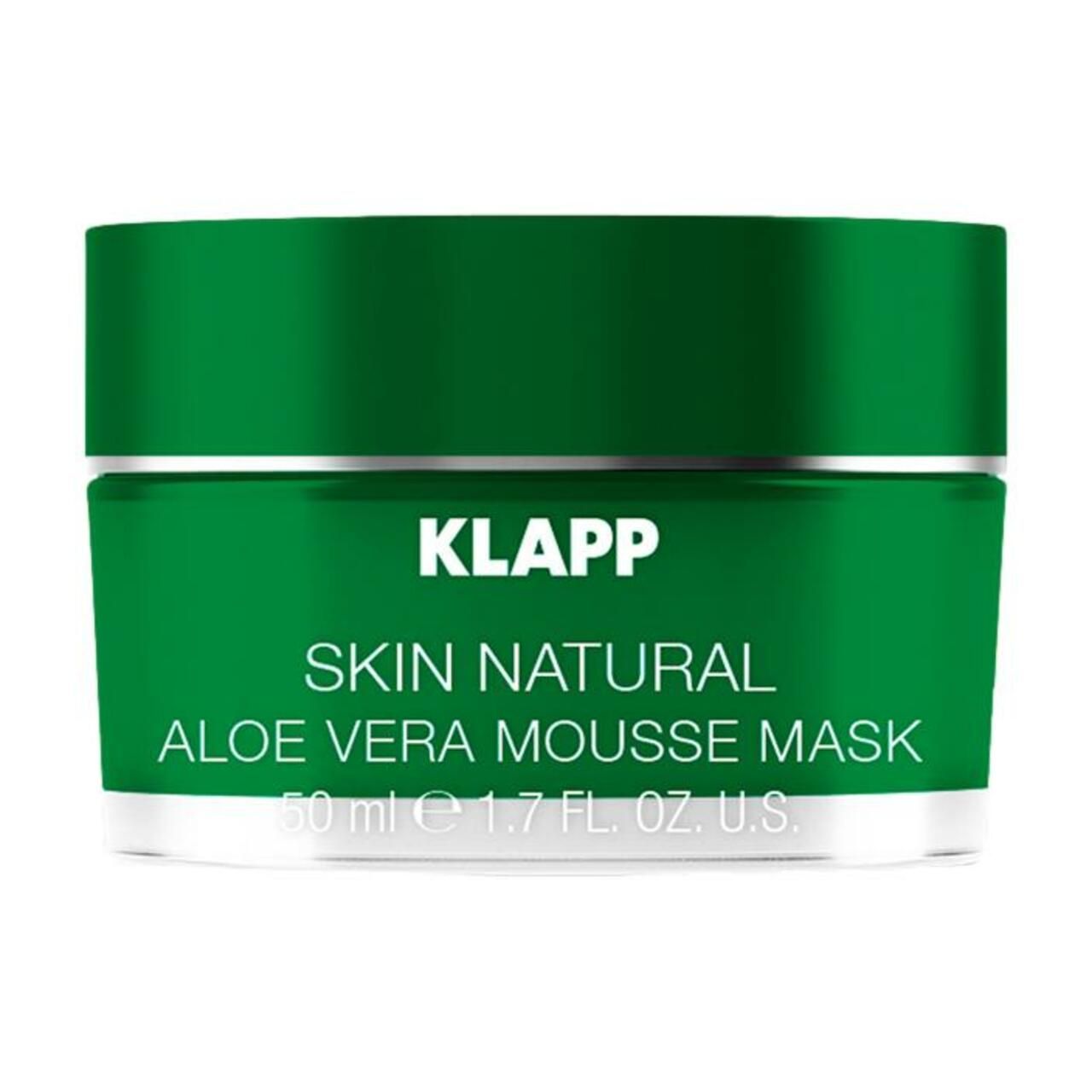 Groene pot met zilveren deksel. Opschrift: Klapp Skin Natural Aloe Vera Mousse Mask. Productvolume: 50 ml.