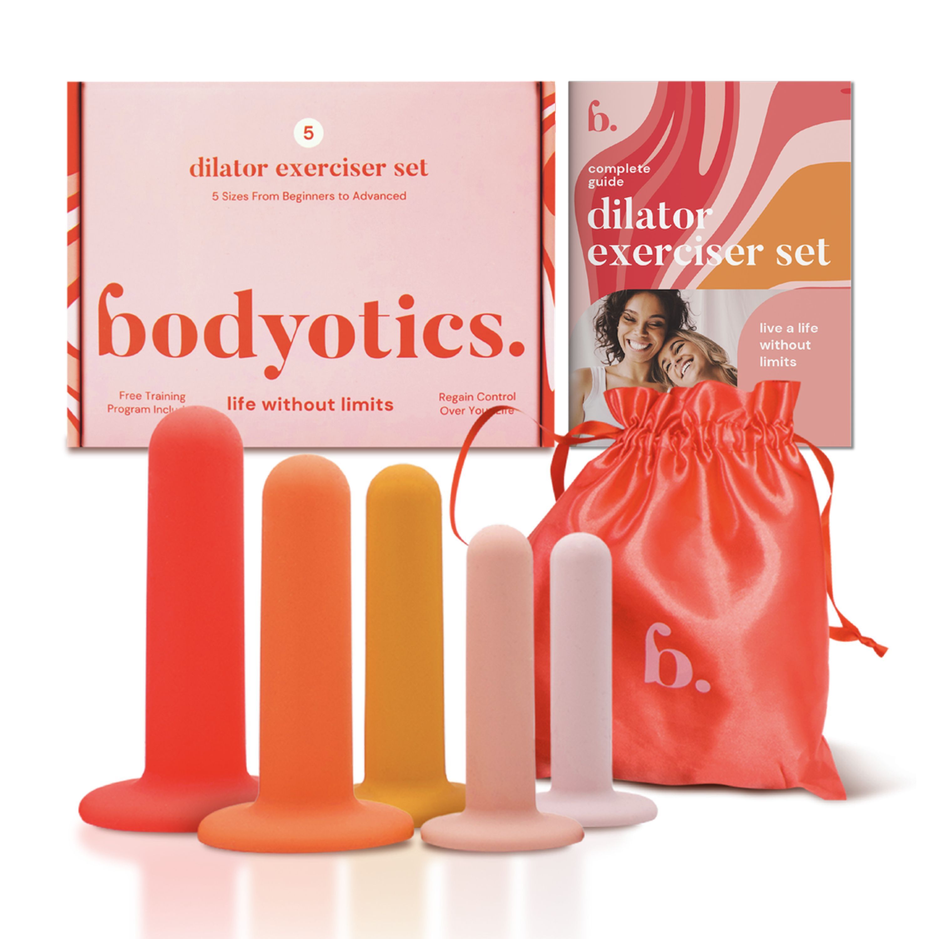 Bodyotics dilator set met 5 maten, opbergzakje en handleiding.