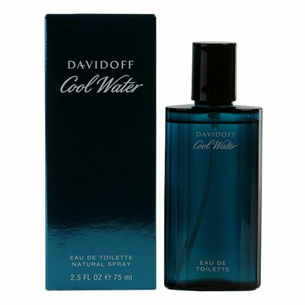 Davidoff Cool Water Eau de Toilette fles en verpakking. Blauw glas, zwarte dop. Blauwe verpakking. Opschrift: Davidoff Cool Water.