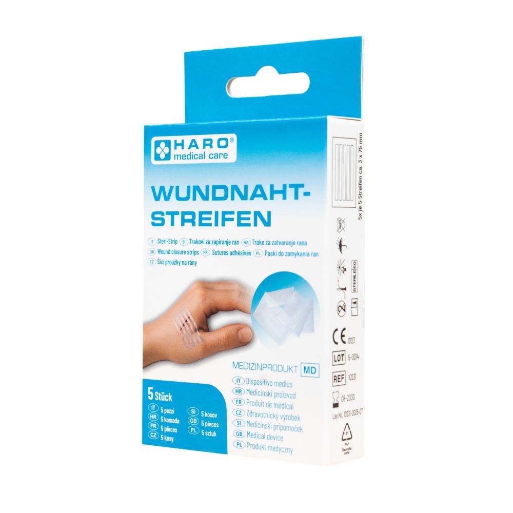 Verpakking Haro Wundnahtstreifen. 5 stuks. Medisch product. Hand met wond en strips. Blauw-witte verpakking.