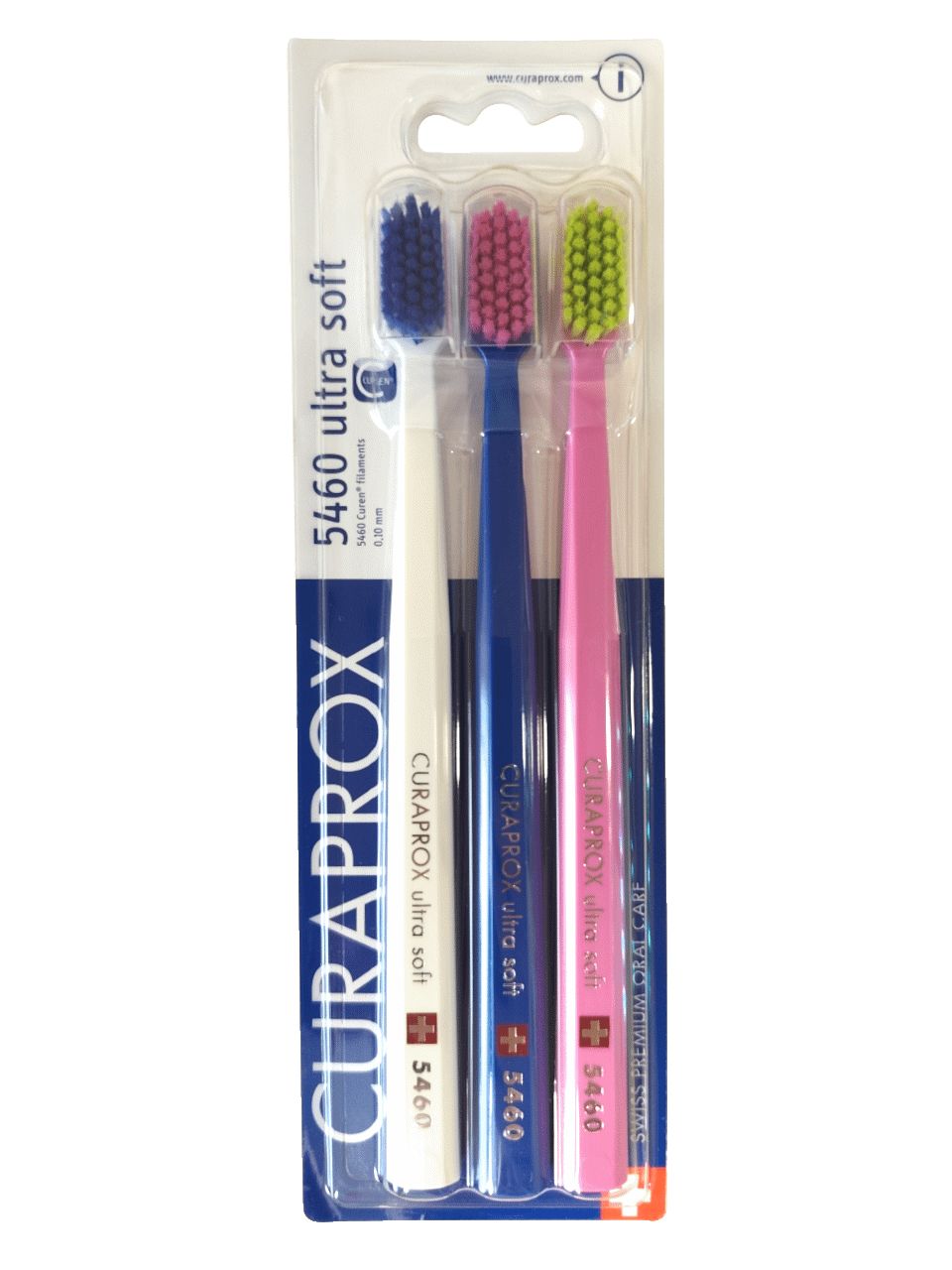 Set van drie tandenborstels. Witte, blauwe en roze handvatten. Blauwe, roze en groene borstelharen. Verpakking met productnaam en logo.