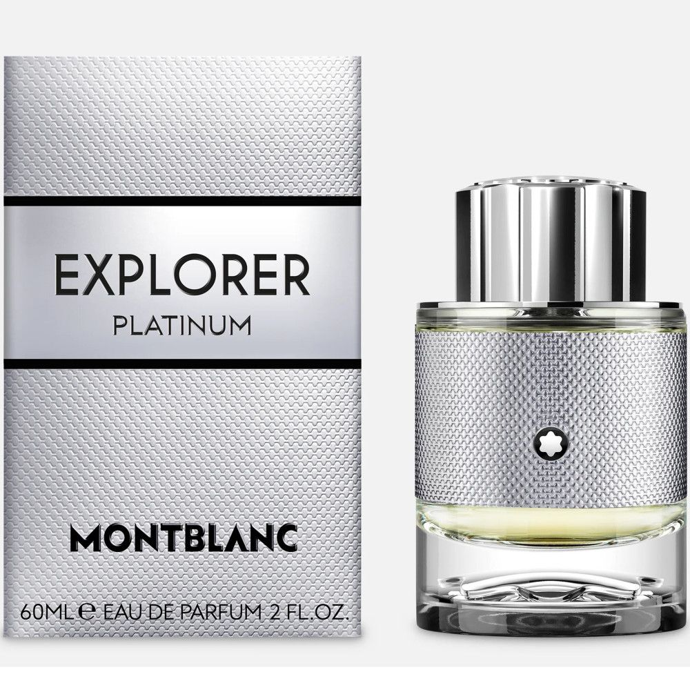 Montblanc Explorer Platinum EdP Nat. Spray. Fles en verpakking. Zilverkleurige fles met logo en zilveren verpakking.