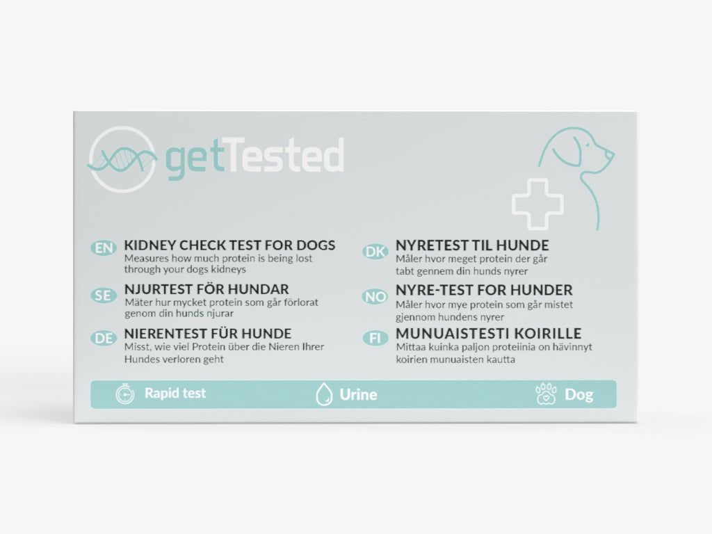 Boîte avec logo et texte. Informations sur le test rénal canin. Marque : GetTested.