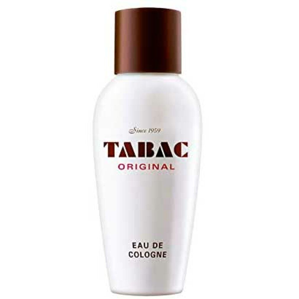 Flacon blanc avec bouchon marron. Inscription "TABAC ORIGINAL Eau de Cologne".