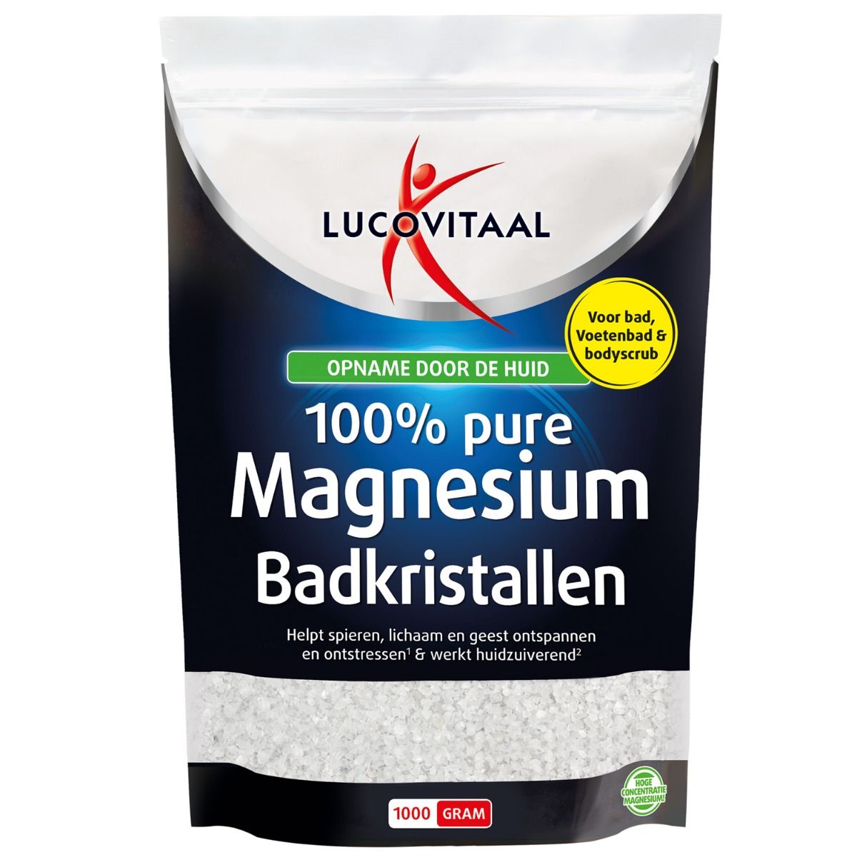 Sachet de cristaux de bain au magnésium. Inscription : 100% magnésium pur. Texte en néerlandais.