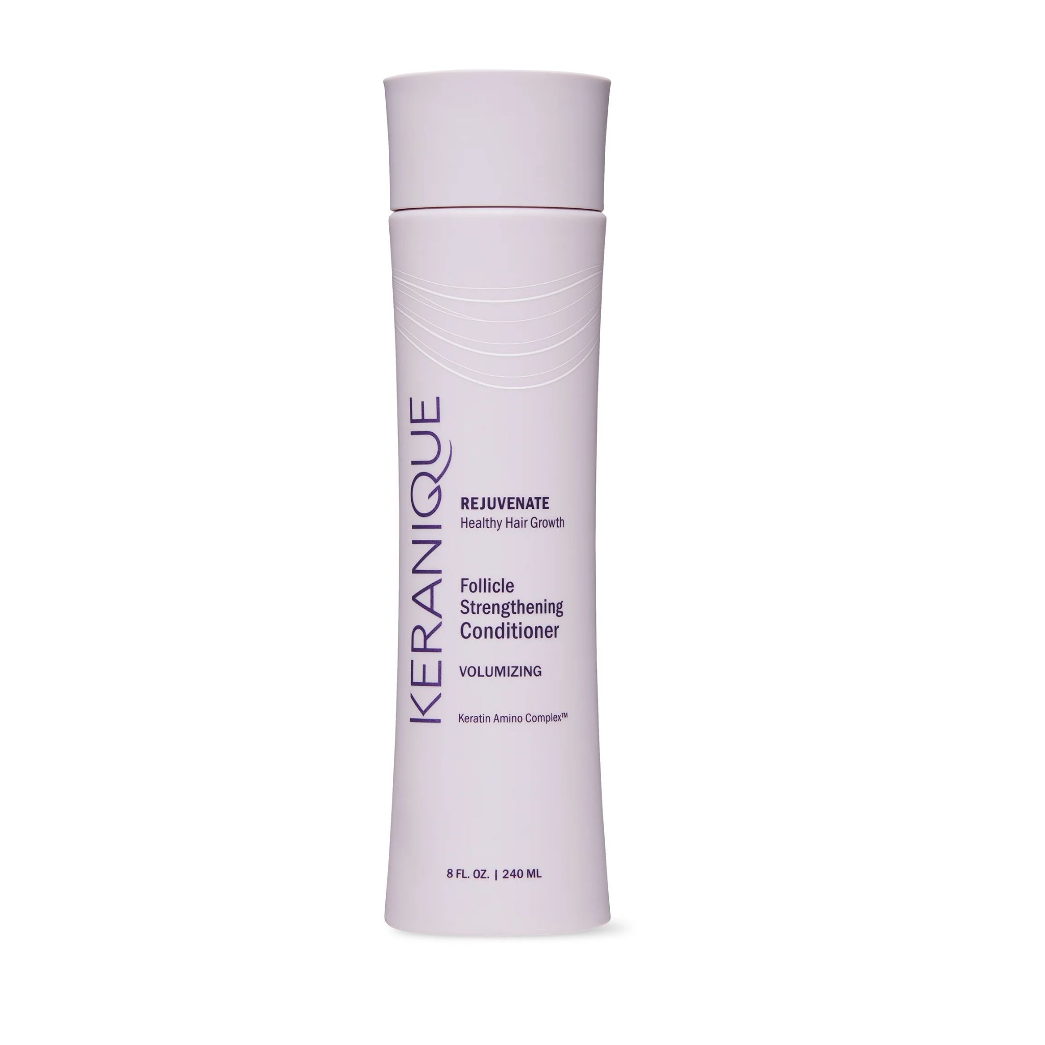 Fles conditioner. Opschrift: Keranique, Rejuvenate, Follicle Strengthening Conditioner, Volumizing. 8 fl. oz. / 240 mL.