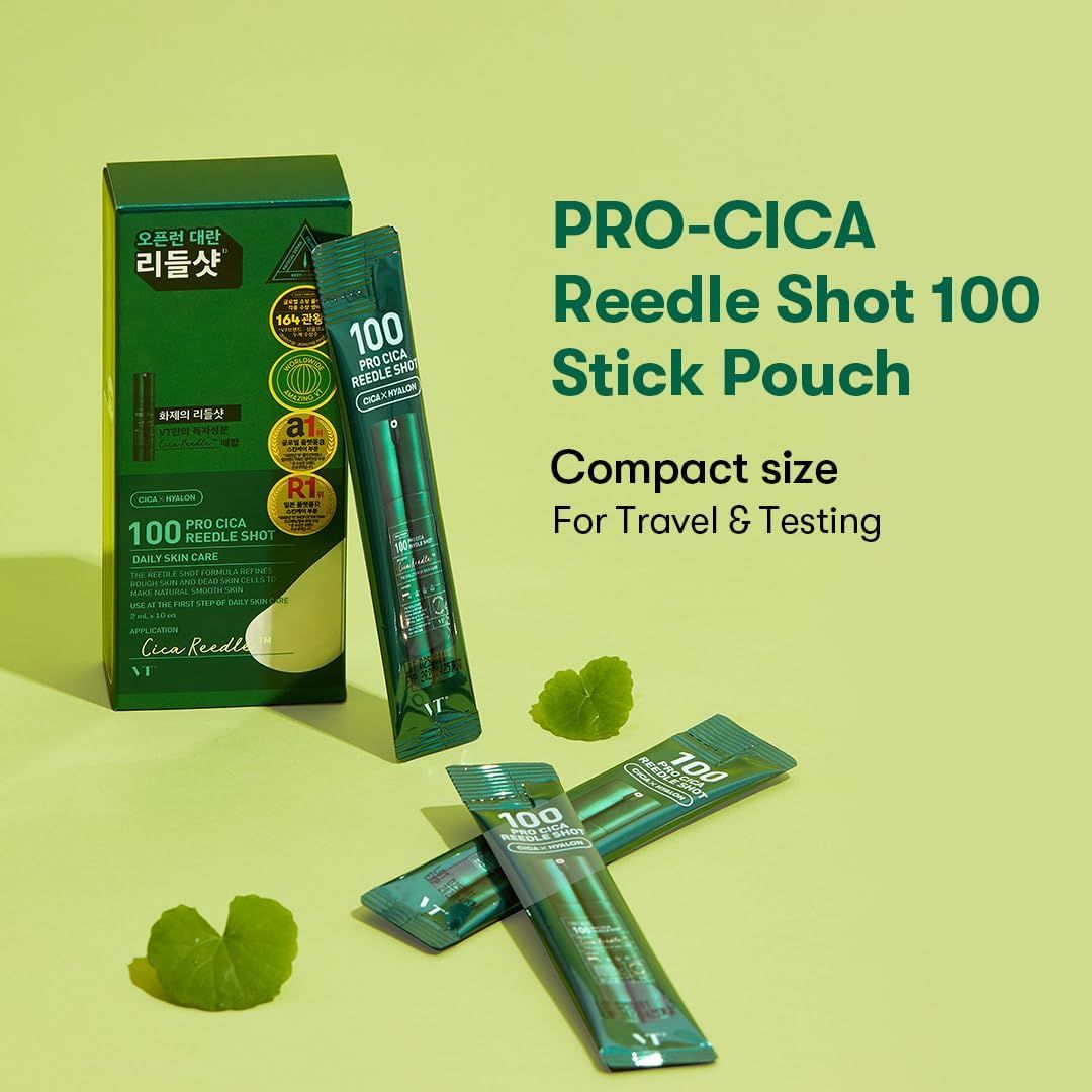Emballage et emballages individuels. Texte: Pro-Cica Reedle Shot 100. Format compact. Pour voyager.