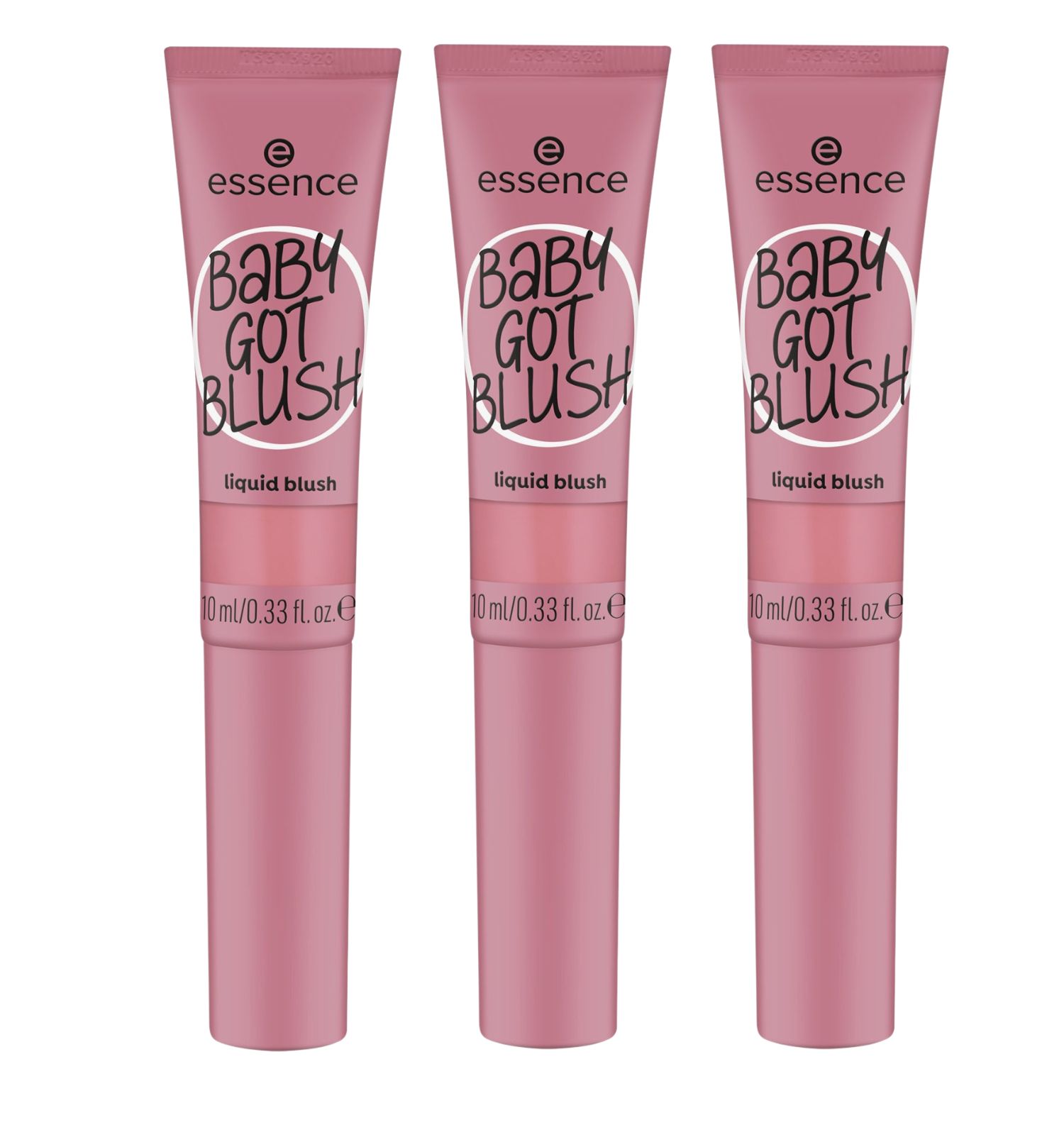 Drie roze tubes met witte applicator. Opschrift: Essence BABY GOT BLUSH liquid blush.