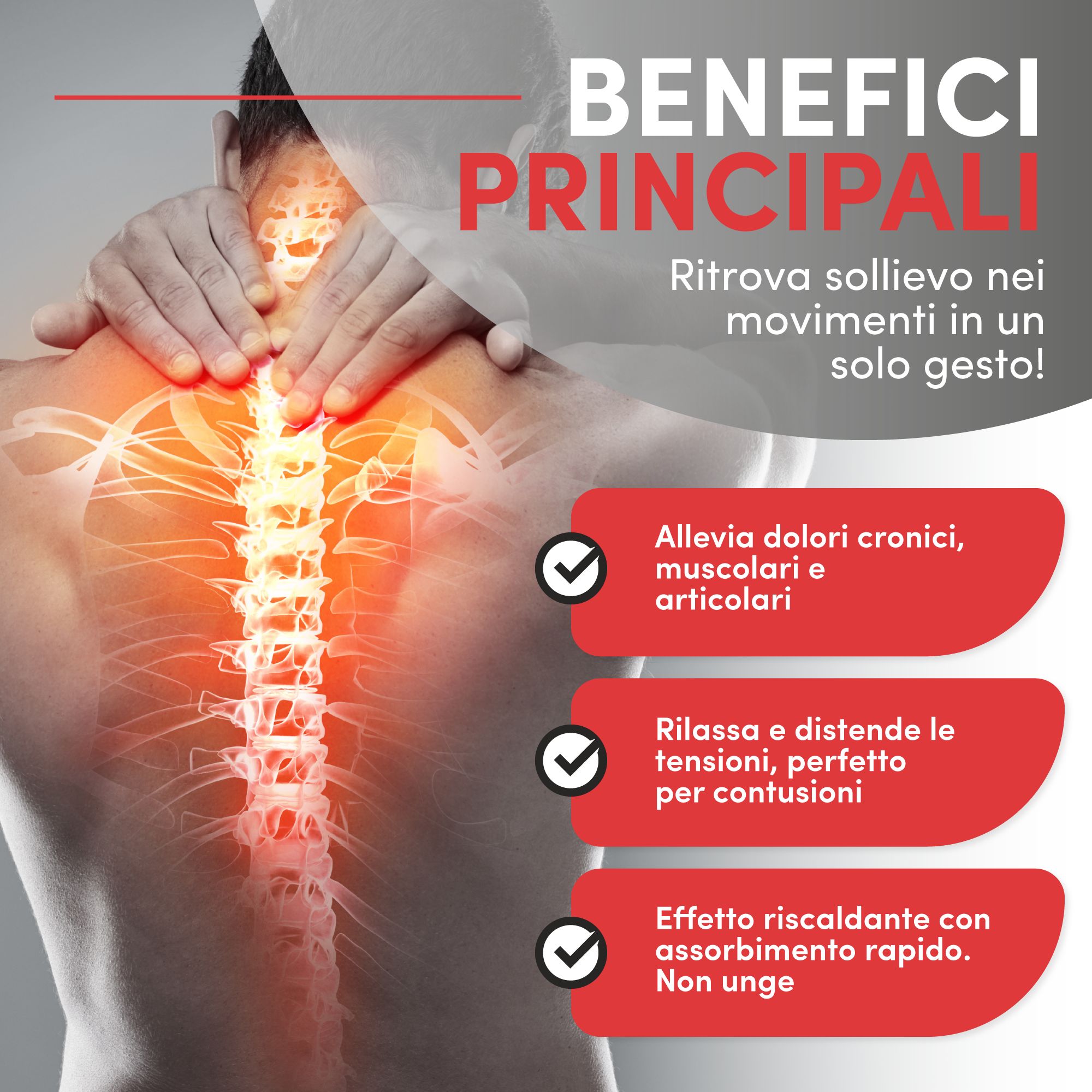 Achteraanzicht van een persoon met wervelkolom. Tekst: Verlicht chronische pijn, spier- en gewrichtspijn. Ontspant en rekt uit.