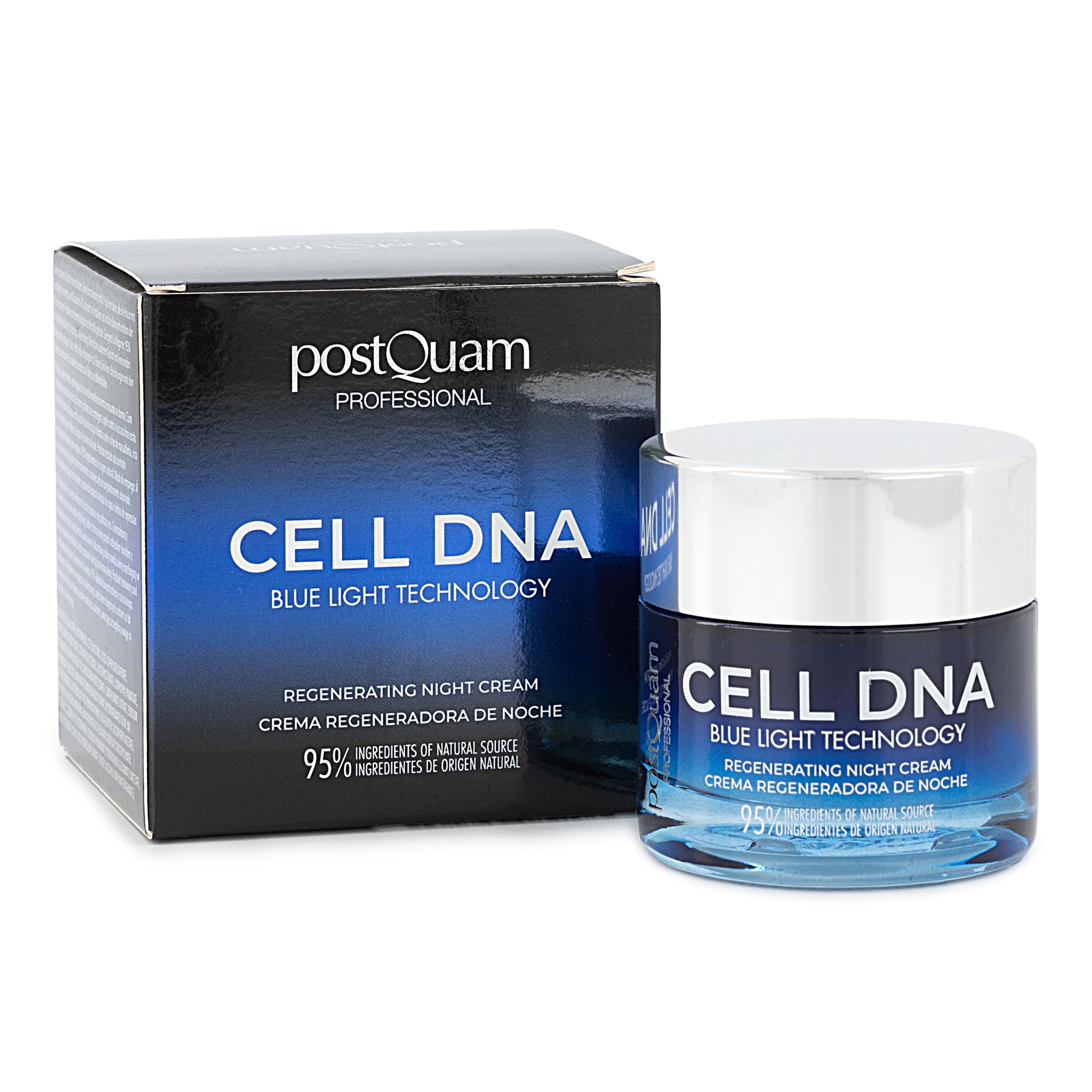 Pot et boîte de crème. Inscription CELL DNA, Blue Light Technology, Regenerating Night Cream. 95% ingrédients d'origine naturelle.