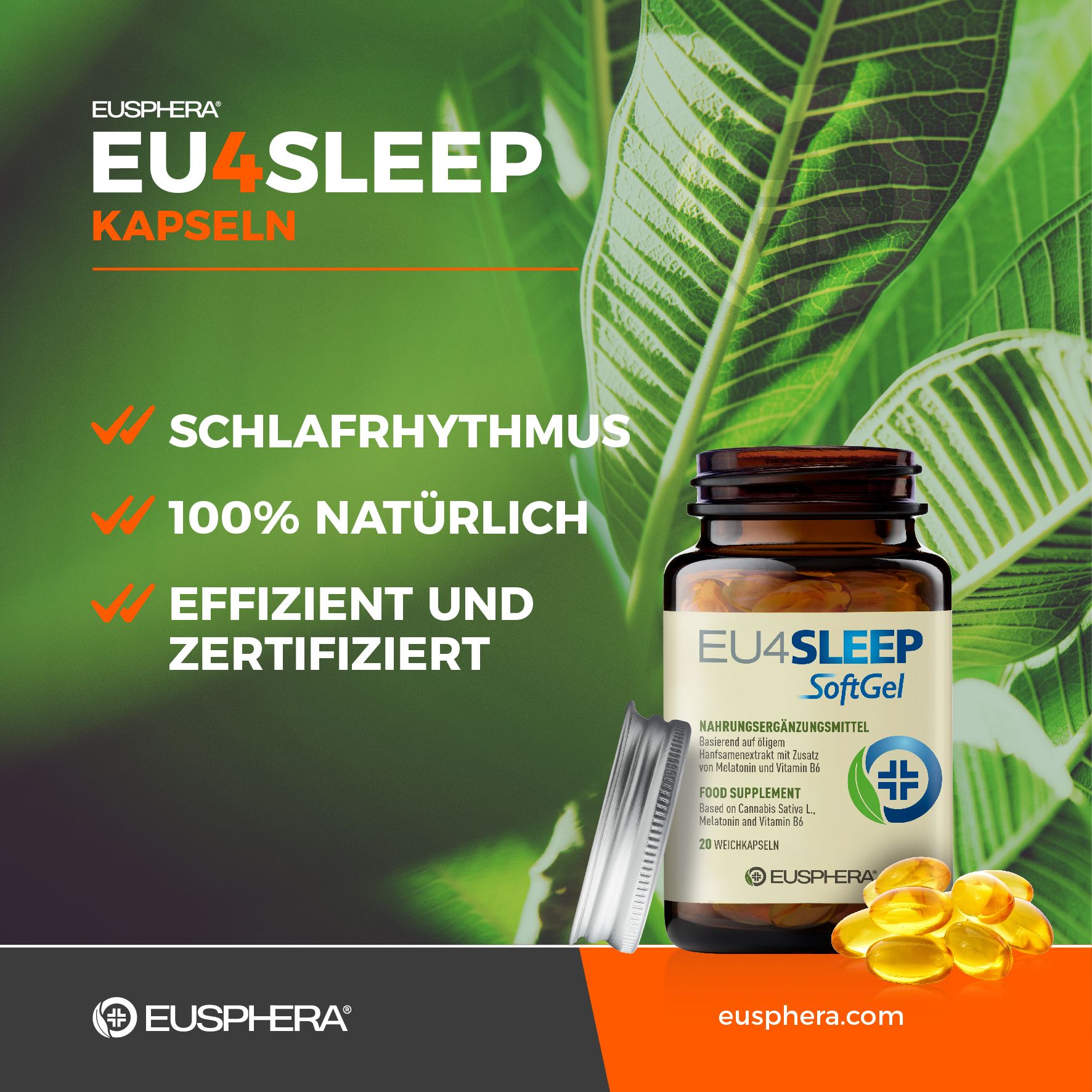 Flacon EU4SLEEP Capsules, couvercle ouvert, gélules à côté. Texte: Rythme de sommeil, 100% naturel, efficace et certifié.
