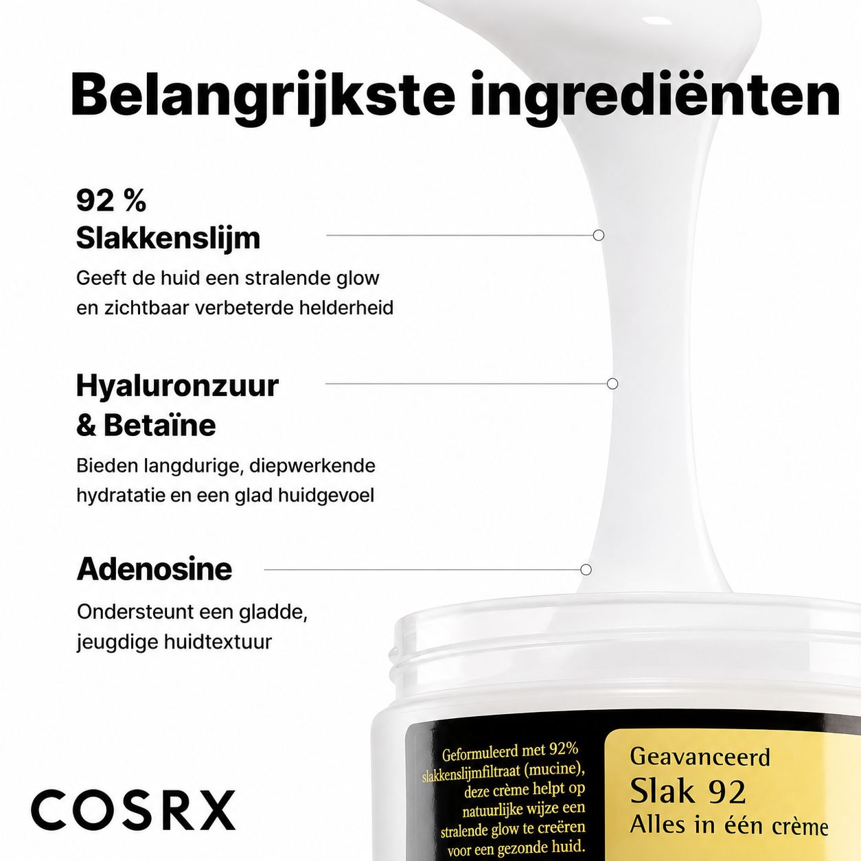 Belangrijkste ingrediënten van COSRX slakkencrème: slakkenslijm, hyaluronzuur, adenosine.