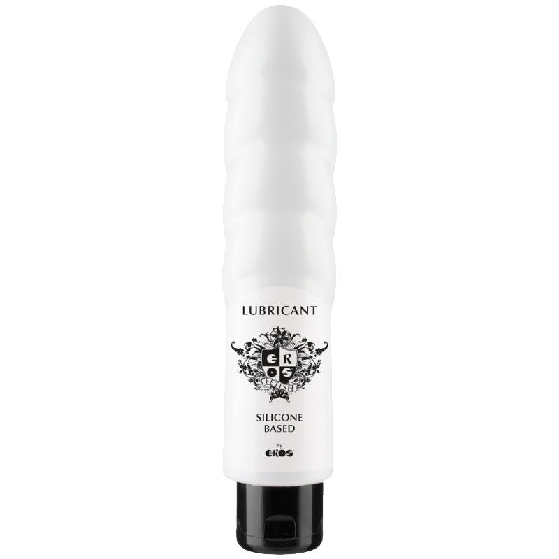 Flacon blanc au design de dildo côtelé, contenant un lubrifiant à base de silicone.