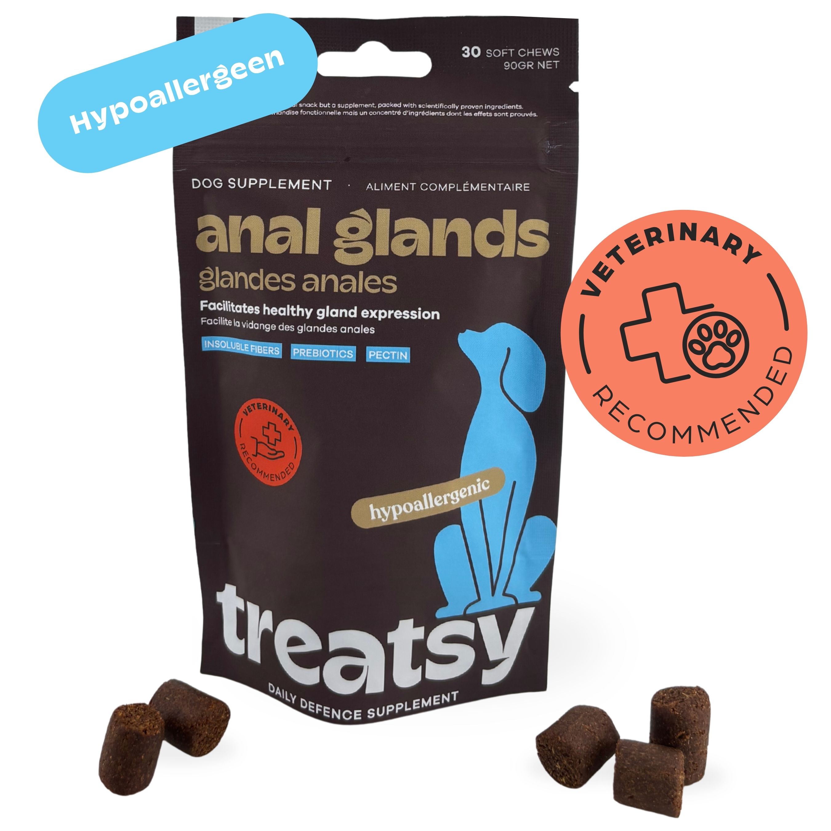 Zakje met voedingssupplement. Bruine tabletten ernaast. Tekst: Anal Glands, hypoallergeen, Veterinary Recommended.