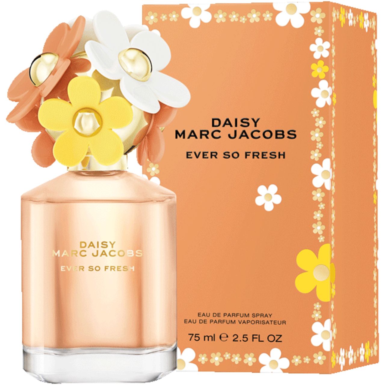 Parfumfles en doos. Fles met kleurrijke bloemen. Opschrift: Daisy Marc Jacobs Ever so Fresh. Oranje doos met bloemen.