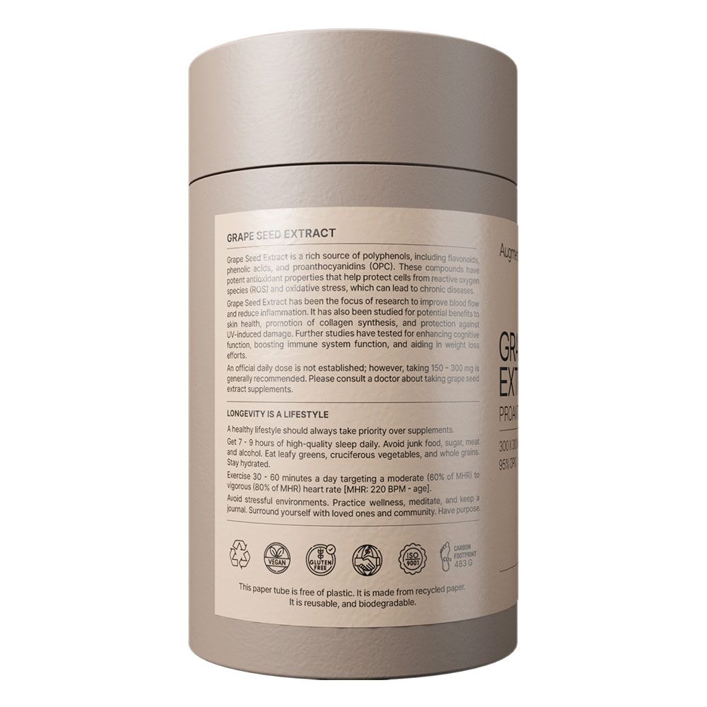 Grape Seed Extract supplement in cilindrische kartonnen verpakking met etiket.