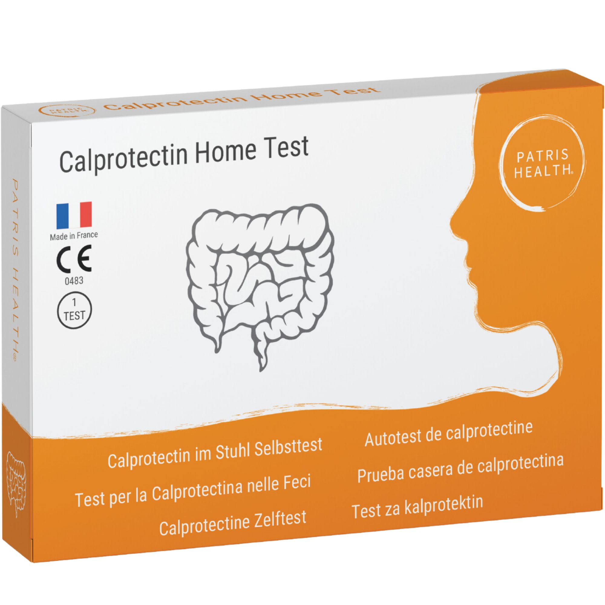 Verpakking van de Patris Health® Calprotectine thuistest. Doos met productnaam, logo, CE-markering, Made in France.