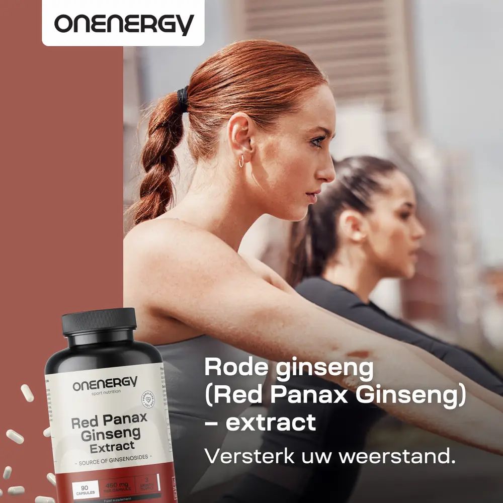 Vrouw aan het sporten, ernaast fles OnEnergy Rode ginseng extract, 90 capsules.
