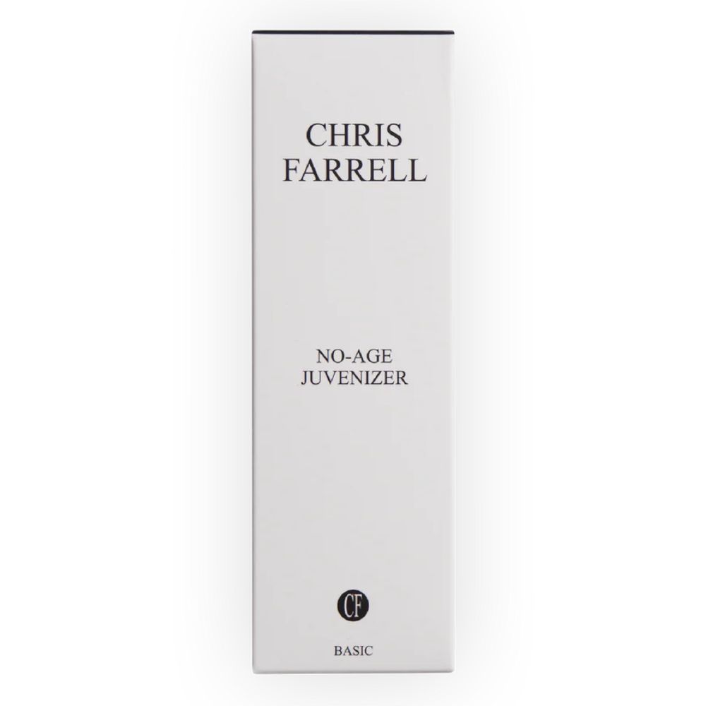Emballage blanc avec texte noir. Haut : CHRIS FARRELL. Milieu : NO-AGE JUVENIZER. Bas : logo CF et BASIC.
