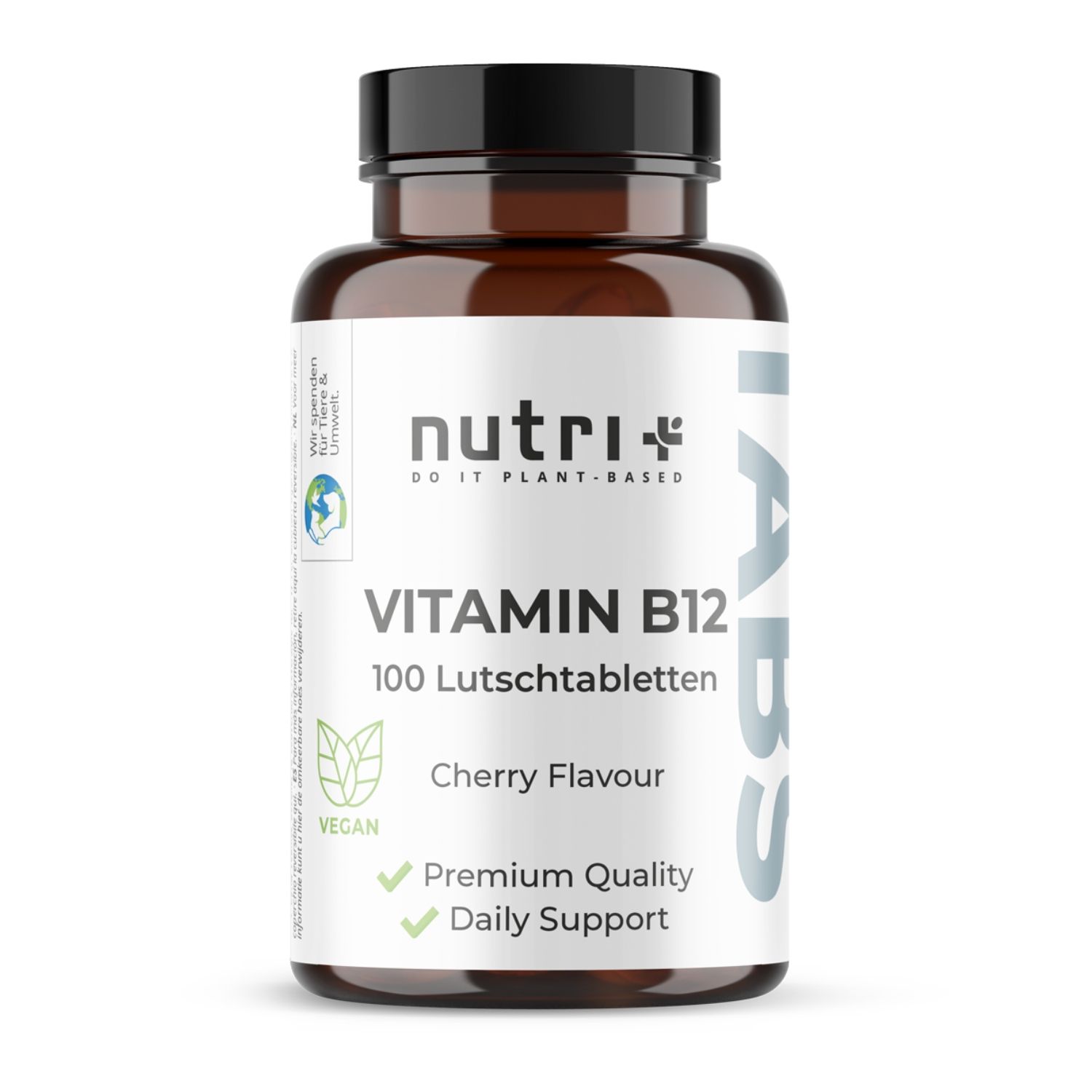 Bruine glazen fles met 100 nutri+ vegane vitamine B12 zuigtabletten.