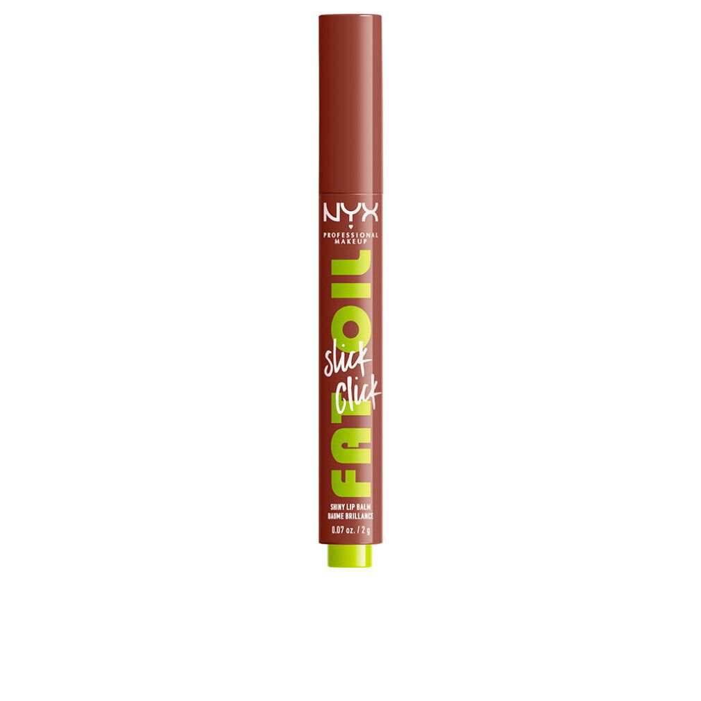 Baume à lèvres cylindrique marron et vert. Inscription: FAT OIL slick click, NYX PROFESSIONAL MAKEUP.
