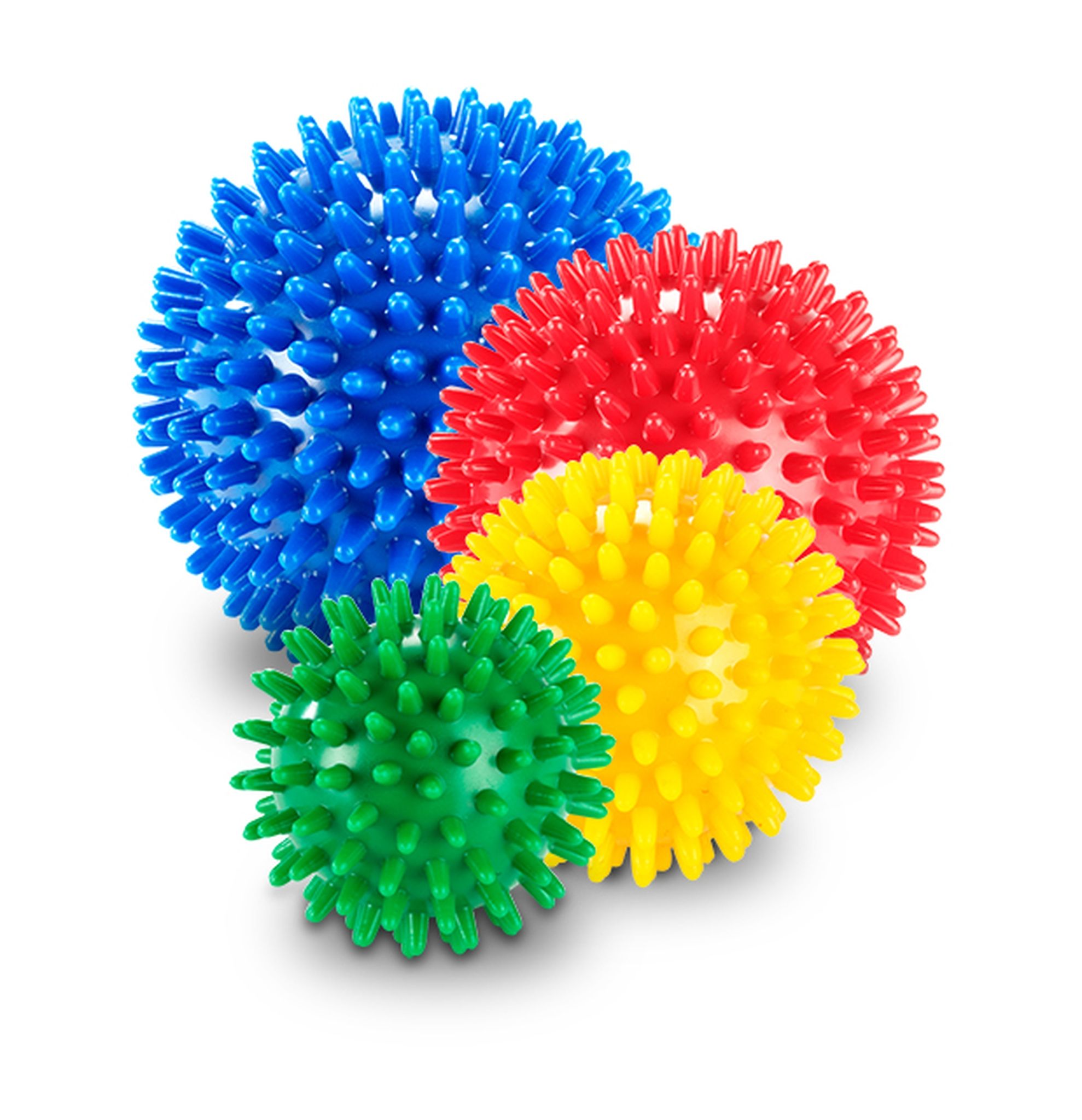 Vier gekleurde, stekelige ballen. Blauw, rood, geel en groen. Ronde vorm met noppen.