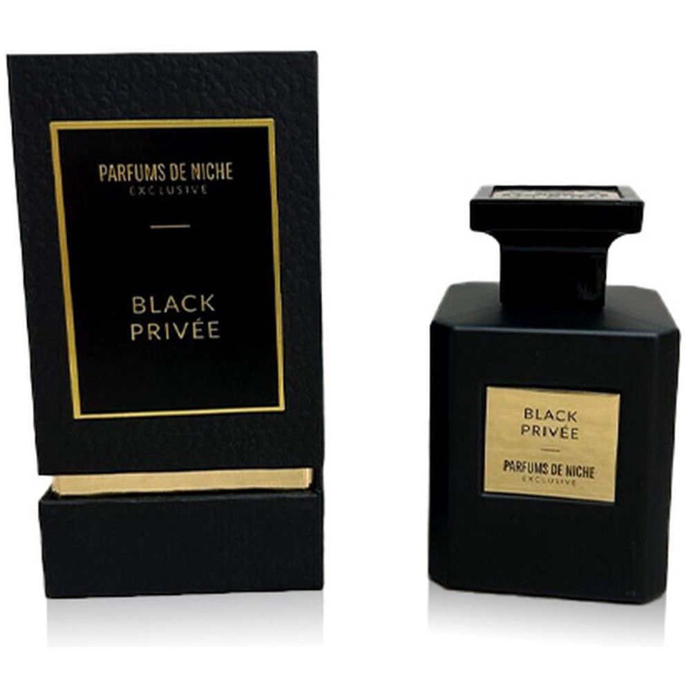 Zwarte fles en doos. Gouden tekst: Black Privée, Parfums de Niche. Rechthoekige vorm, zwart design.