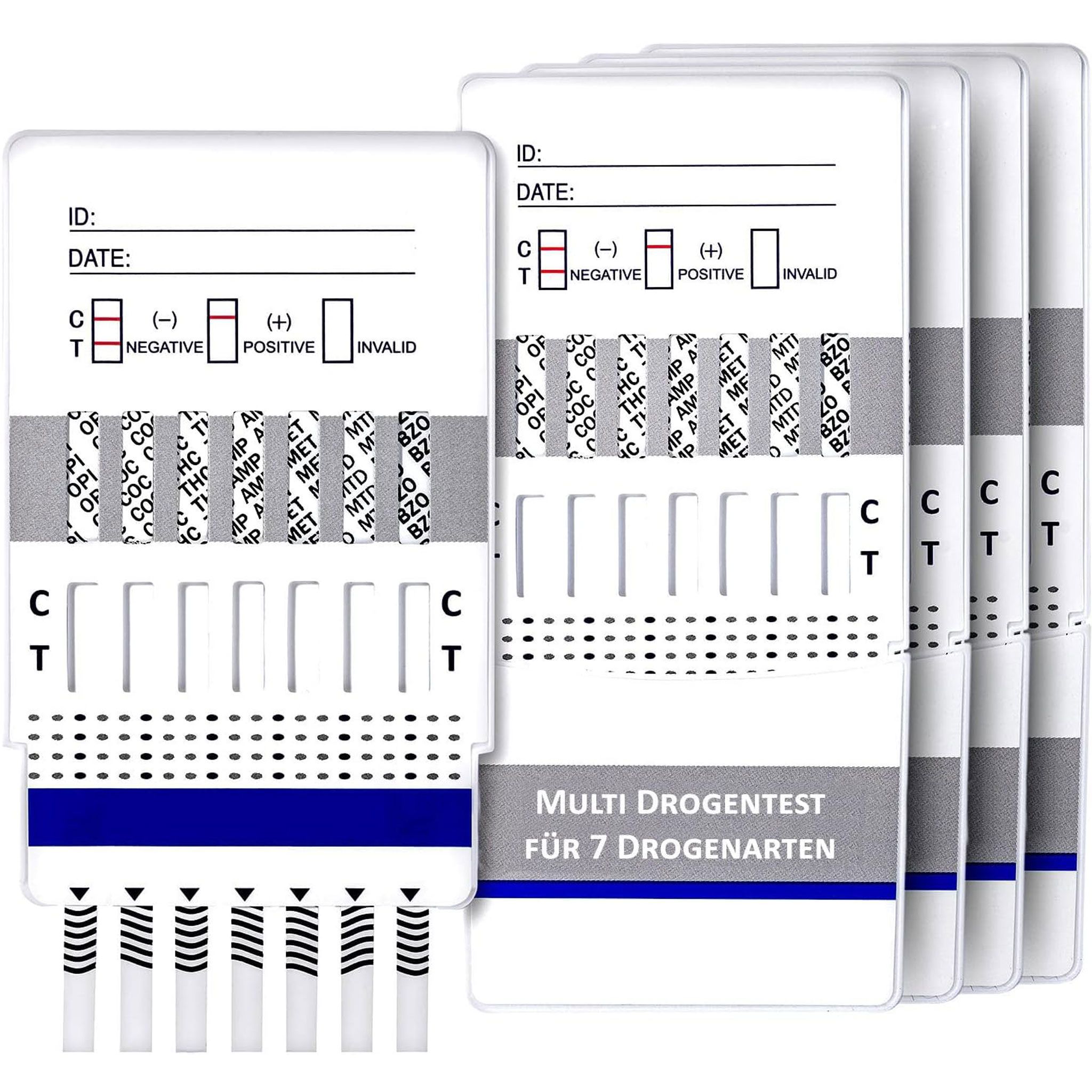Multi-drugstests. Witte teststrips met gekleurde indicatoren. Opschrift: Multi Drogentest für 7 Drogenarten.