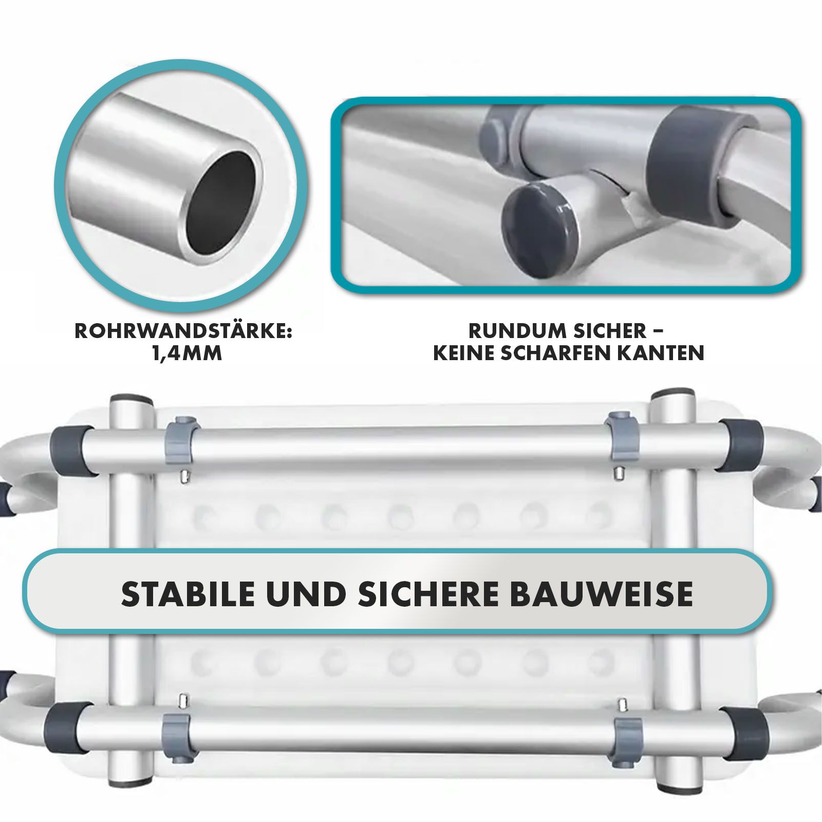 Badzitje, stabiele constructie. Wanddikte buis 1,4 mm. Geen scherpe randen.