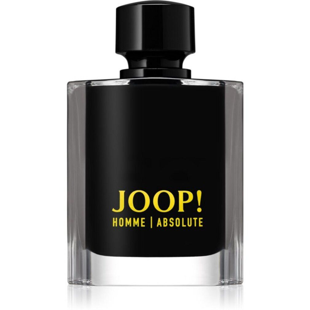 Flacon noir avec inscription jaune JOOP! HOMME | ABSOLUTE. Bouchon noir. Forme rectangulaire.