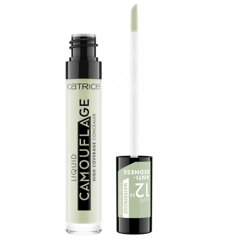 Flacon de correcteur avec applicateur. Inscription: CAMOUFLAGE, LIQUID, HIGH COVERAGE CONCEALER. Teinte verte. Marque: Catrice.