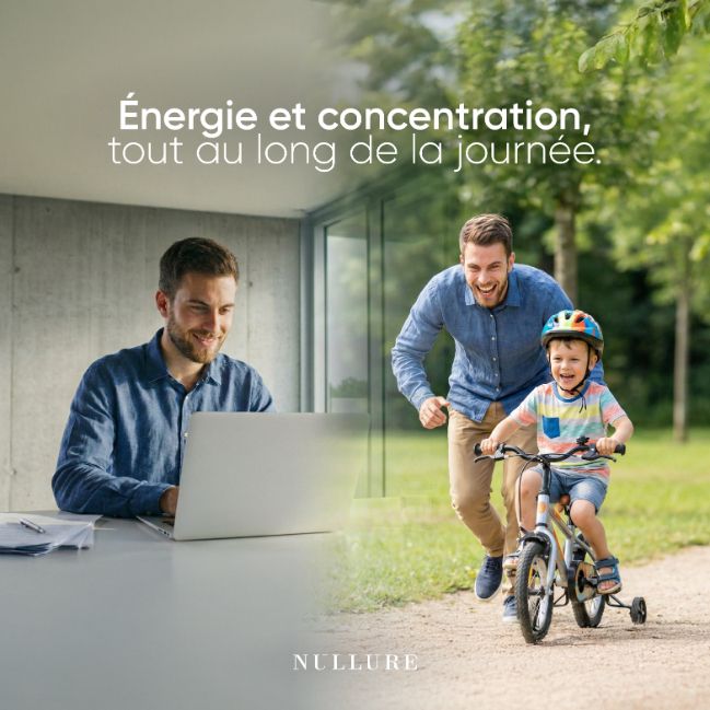 Homme travaillant sur un ordinateur portable, père et fils à vélo. "Énergie et concentration toute la journée."