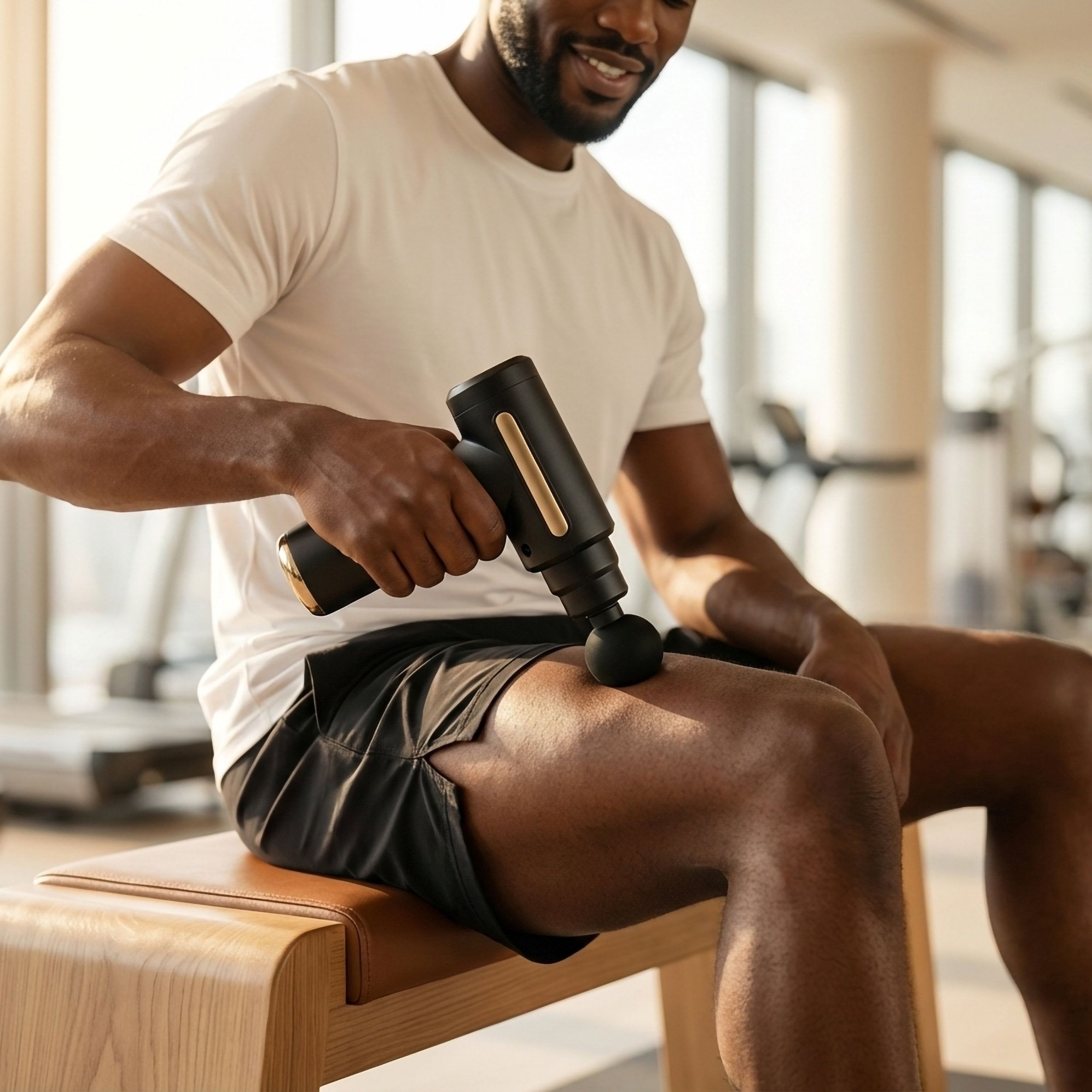 Homme avec pistolet de massage sur la jambe. Appareil noir avec accents dorés. Assis sur un banc.