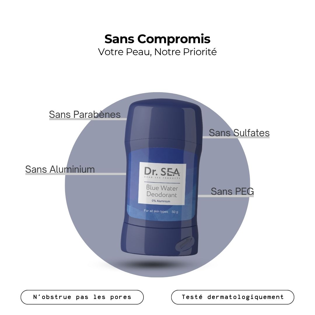 Bâton de déodorant bleu. Texte : Sans compromis. Sans parabènes, aluminium, sulfates, PEG. Ne bouche pas les pores. Testé.