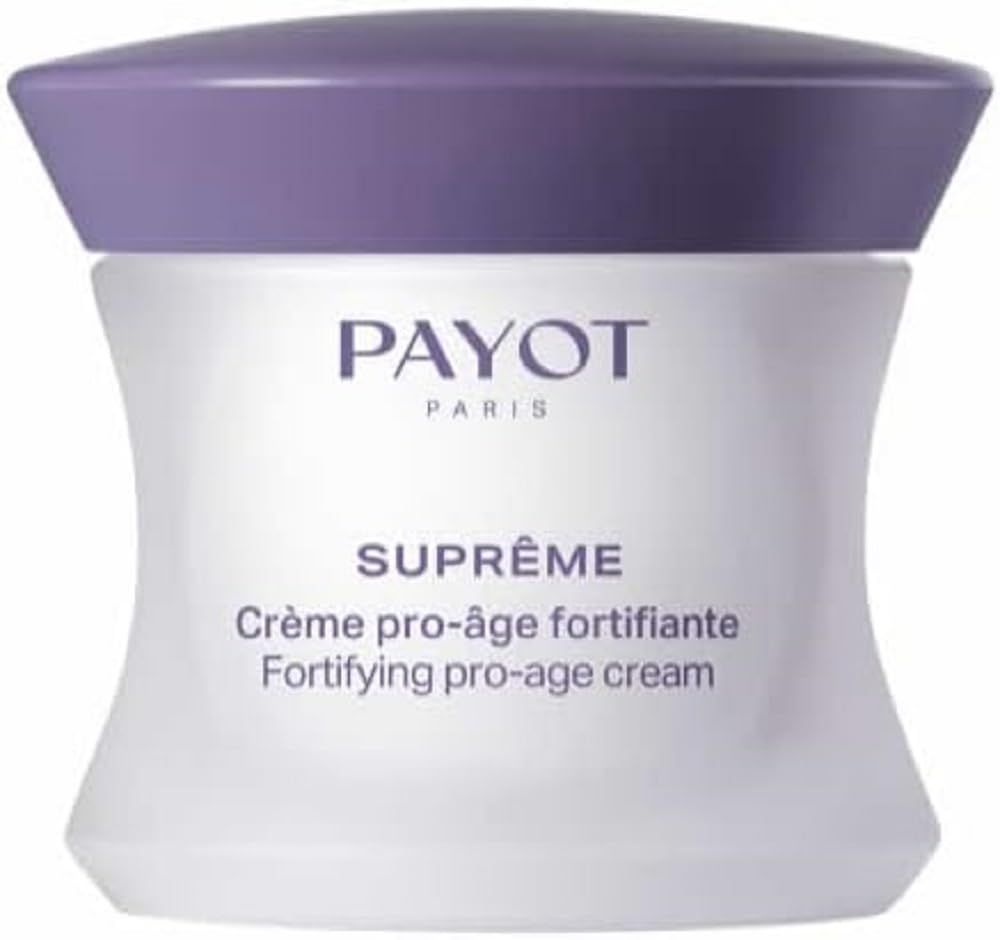 Pot de crème avec couvercle violet. Inscription: PAYOT PARIS, SUPRÊME, Crème pro-âge fortifiante, Fortifying pro-age cream.