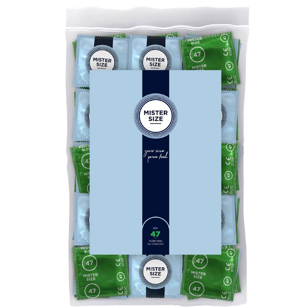 Verpakking met condooms. Individuele condooms in groen en blauw. Opschrift: Mister Size 47.