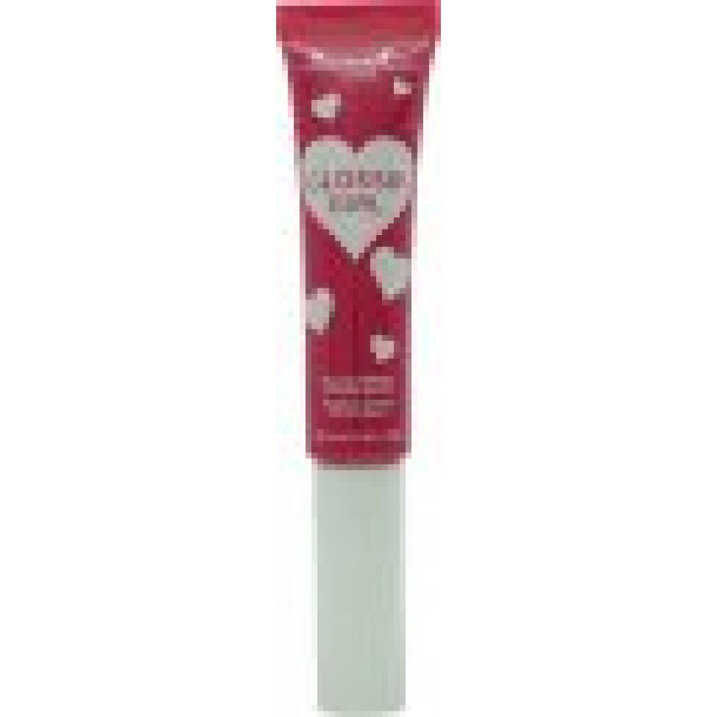 Gros plan sur un tube de gloss rouge avec applicateur blanc. Inscription "GOSSIP GIRL" avec motifs cœurs.