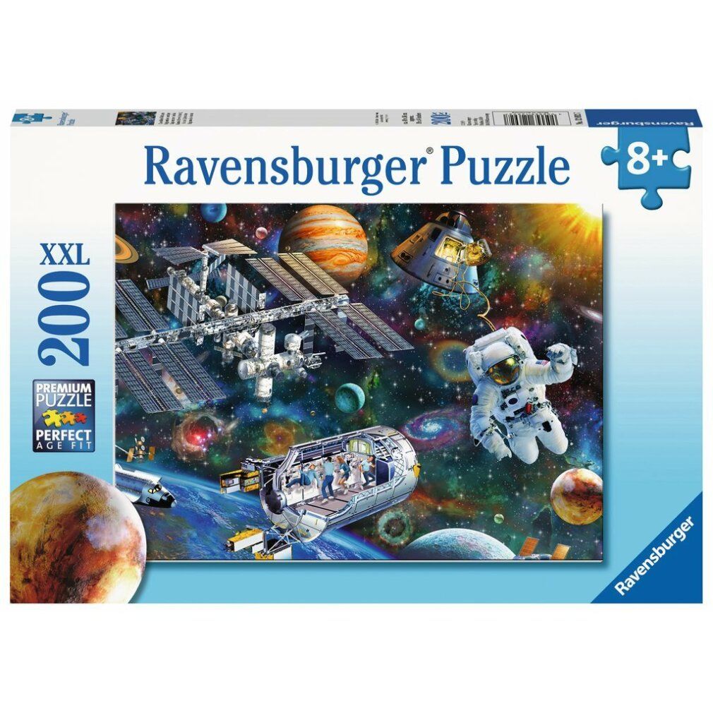 Ravensburger Puzzel, 200 stukjes, XXL. Verpakking met ruimtethema. Astronaut, ruimtestation, planeten.