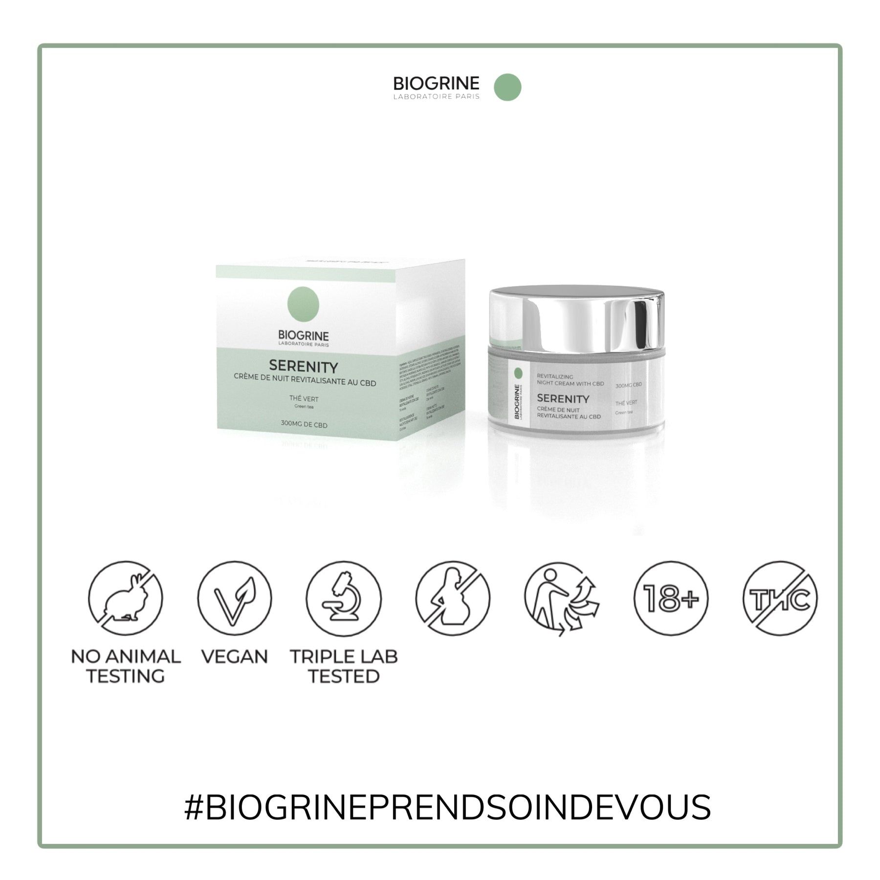 BIOGRINE "SERENITY" – Revitaliserende nachtcrème met CBD en groene thee