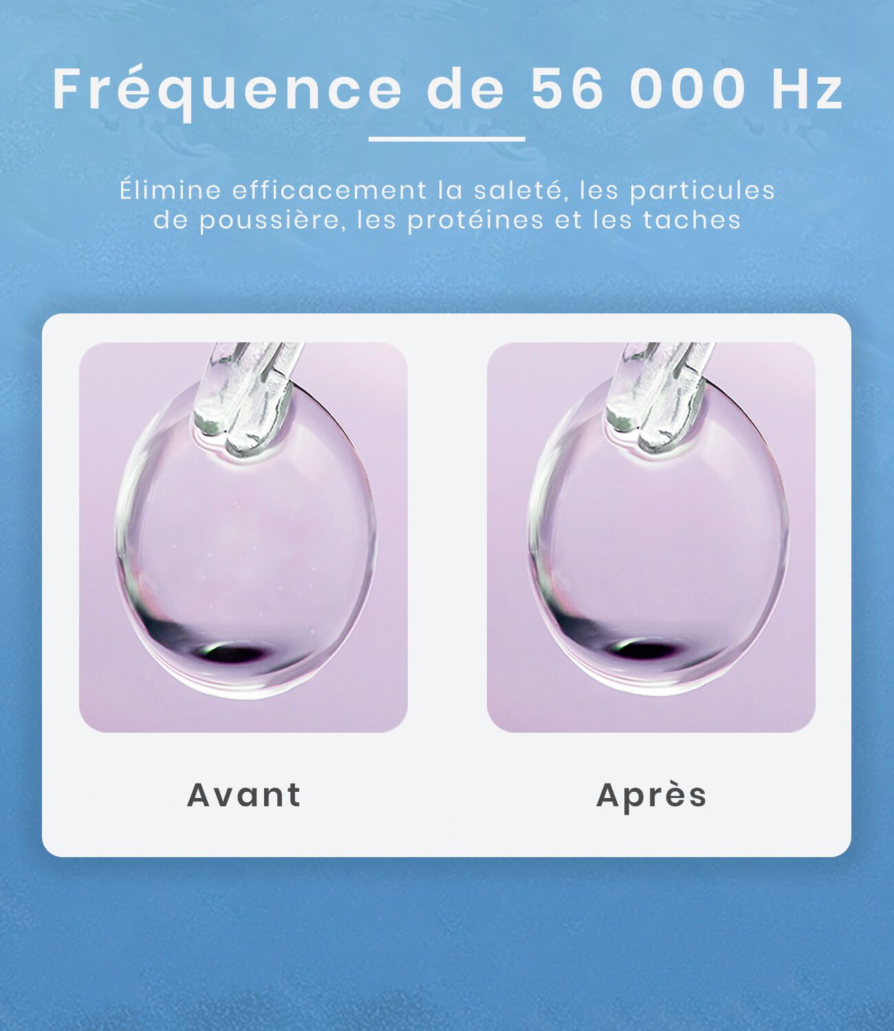 Image comparative : Avant/Après. Deux récipients ronds avec liquide. Texte : Fréquence 56 000 Hz.