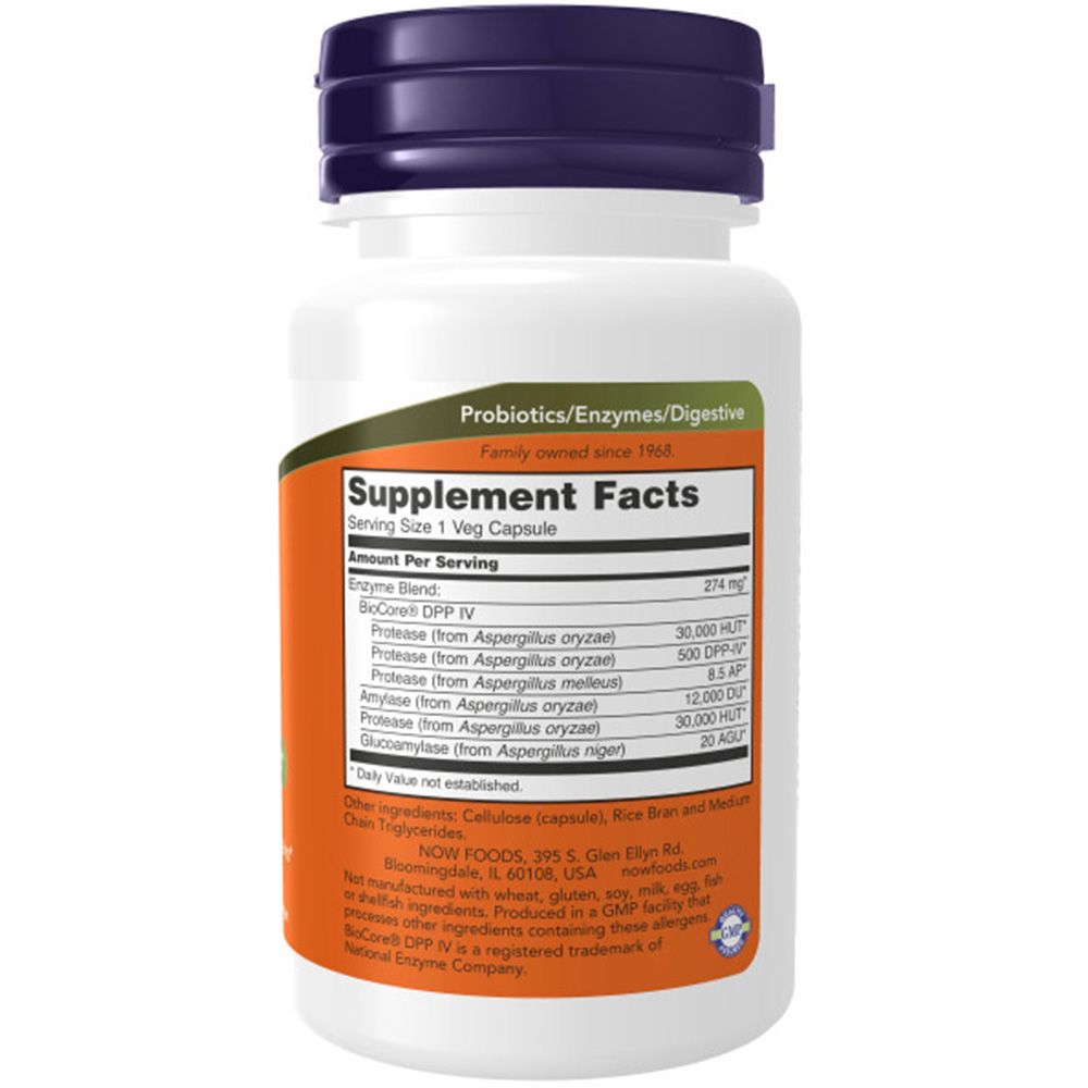 Bouteille de supplément, étiquette Supplement Facts avec enzymes et probiotiques.