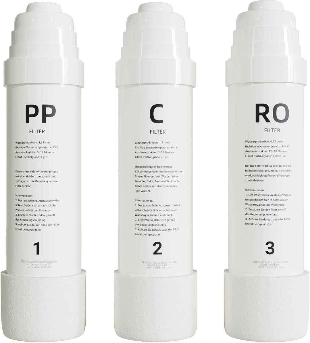 Drie witte waterfilterpatronen met opschriften PP, C en RO. Elke patroon heeft een nummer en tekst. De filters zijn cilindrisch.