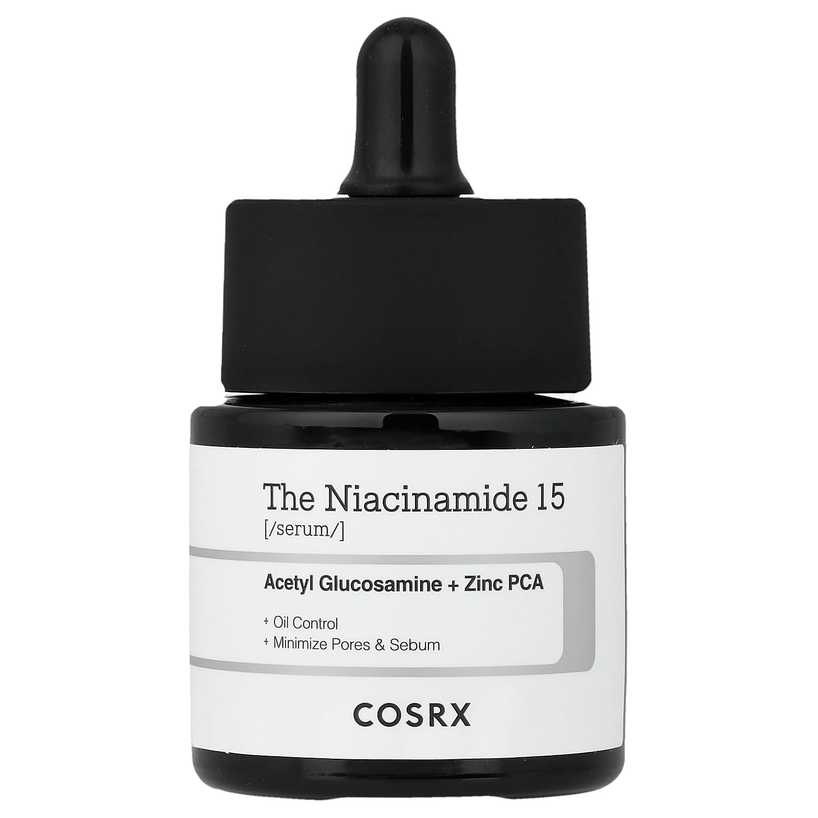 Flacon de sérum COSRX Niacinamide 15 avec compte-gouttes. Contient de l'Acétyl Glucosamine + Zinc PCA.
