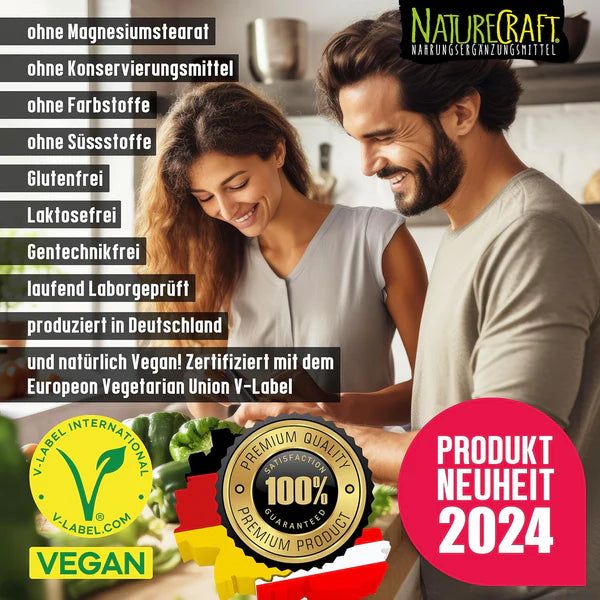 Koppel in keuken. Tekst: Zonder toevoegingen, vegan, getest. Productnieuwigheid 2024. Vegan-label.