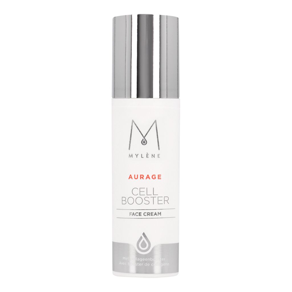 Flacon de produit MYLÈNE Aurage Cell Booster. Bouchon argenté, contenant blanc. Texte Aurage Cell Booster.
