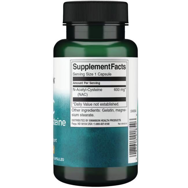 Dos de flacon vert. Inscription: Supplement Facts, N-Acétyl Cystéine (NAC) 600 mg, ingrédients, Swanson Health Products.