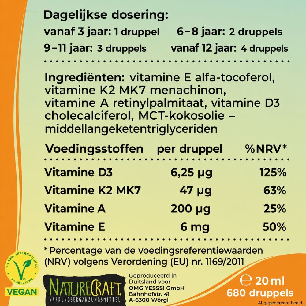 Fles Vitamine D3+K2 druppels voor kinderen met stripfiguren, zon en V-Label.