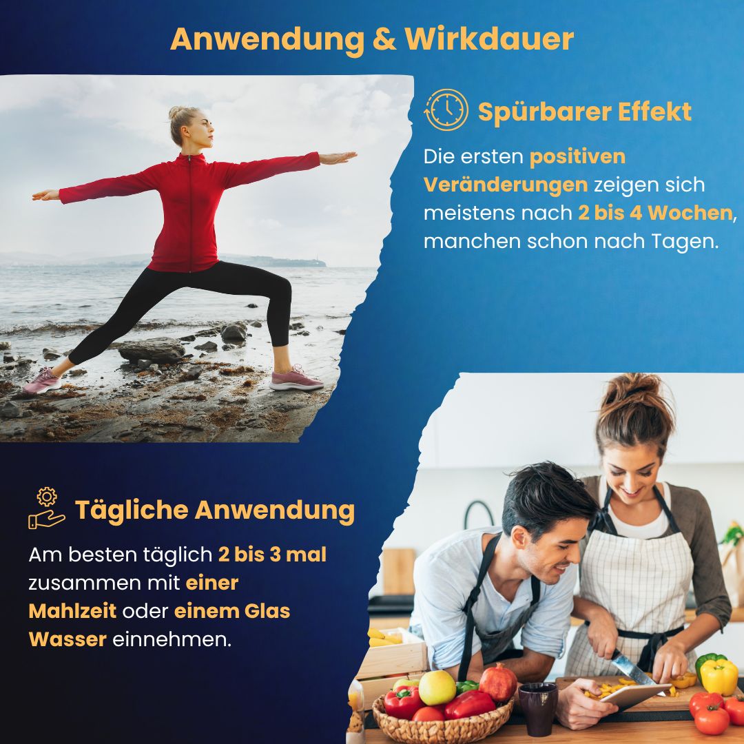 Gebruik & duur. Vrouw doet yoga. Man en vrouw koken. Tekst: Dagelijks gebruik, merkbaar effect.
