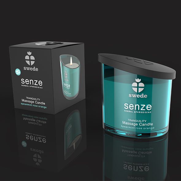 Bougie de massage turquoise avec couvercle noir. Inscription : Swede Senze. Emballage avec image et texte du produit.